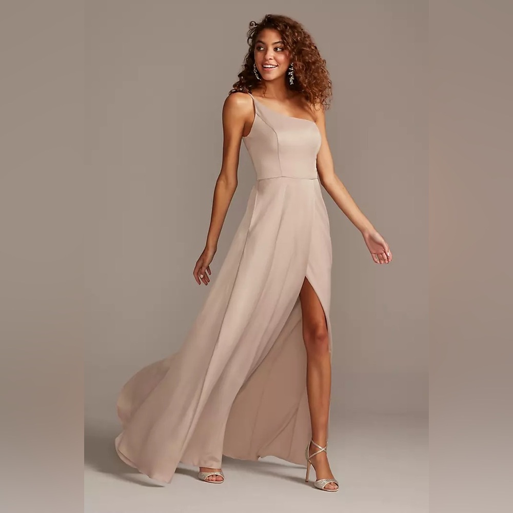 David's Bridesmaid One-Shoulder Tan Champagne Dress